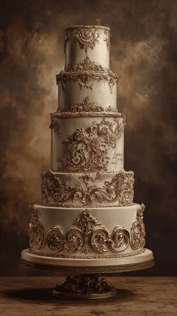 A five-tiered cake with ornate gold baroque-style decorations on each layer, set against a warm, textured brown background, displayed on an elegant stand—an exquisite example of Wedding Cake Trends 2026.