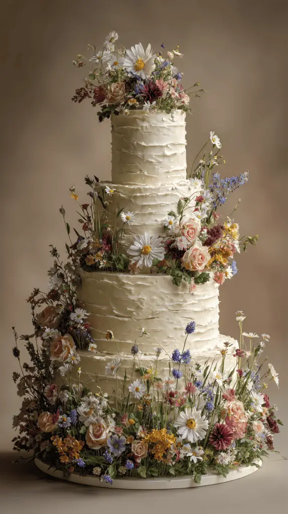 A three-tiered wedding cake with textured white frosting, adorned with colorful fresh flowers like daisies, roses, and wildflowers—capturing one of the elegant Wedding Cake Trends 2026—set against a soft, neutral background.