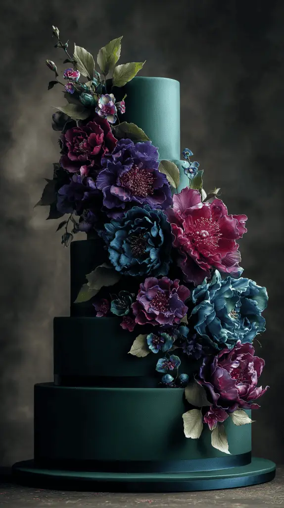 A four-tier dark green cake, inspired by top Wedding Cake Designs, adorned with cascading, realistic sugar flowers in deep blue, purple, and magenta hues with green leaves, set against a dark, blurred background.