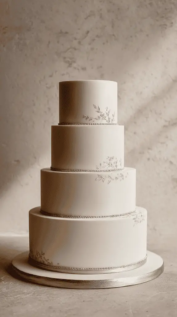 A four-tiered ivory wedding cake decorated with delicate silver floral designs and bordered with silver beading, displayed on a round silver base—showcasing elegance inspired by 2026 Wedding Cake Trends against a neutral background.