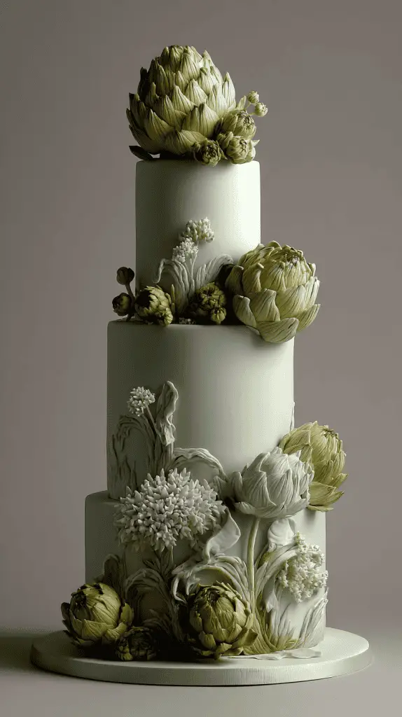 A four-tiered pale green wedding cake decorated with realistic artichoke and white flower sculptures, arranged on and around the cake for a botanical, elegant appearance—perfect for Wedding Cake Trends 2026.