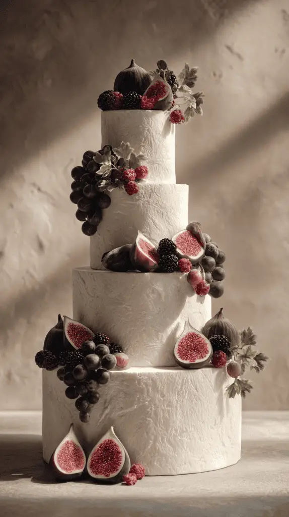 A four-tiered white textured wedding cake, decorated with fresh figs, blackberries, grapes, and raspberries, showcases elegant wedding cake designs arranged artfully on each tier against a neutral background.