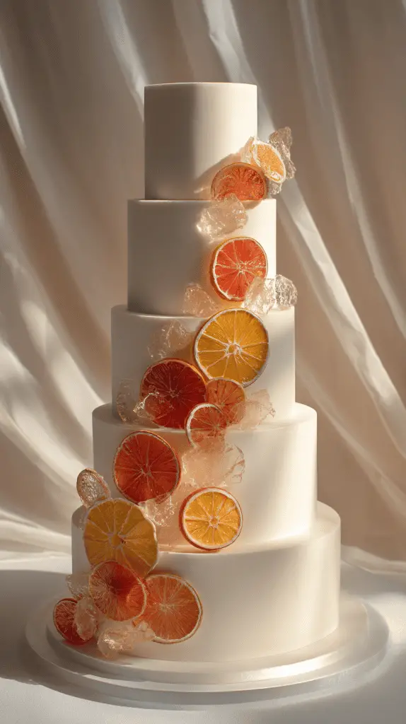 A five-tiered white wedding cake decorated with dried orange, lemon, and grapefruit slices, accented with clear sugar shards—this design captures emerging Wedding Cake Trends 2026 against a softly draped white fabric background.