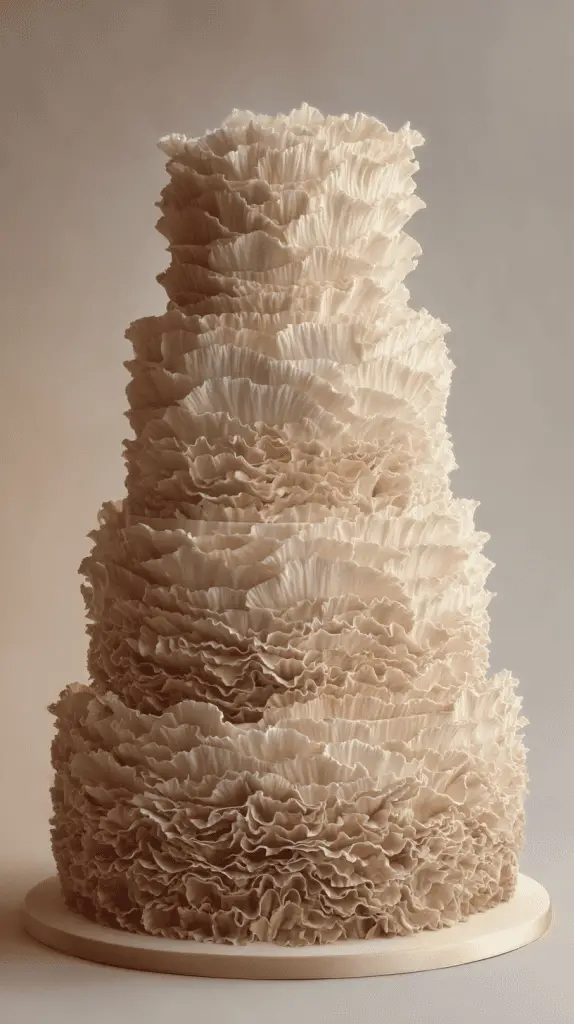 A four-tiered cake decorated with intricate, ruffled icing in gradient shades from cream to light brown showcases one of the elegant Wedding Cake Designs anticipated among Wedding Cake Trends 2026, creating a delicate, textured appearance.