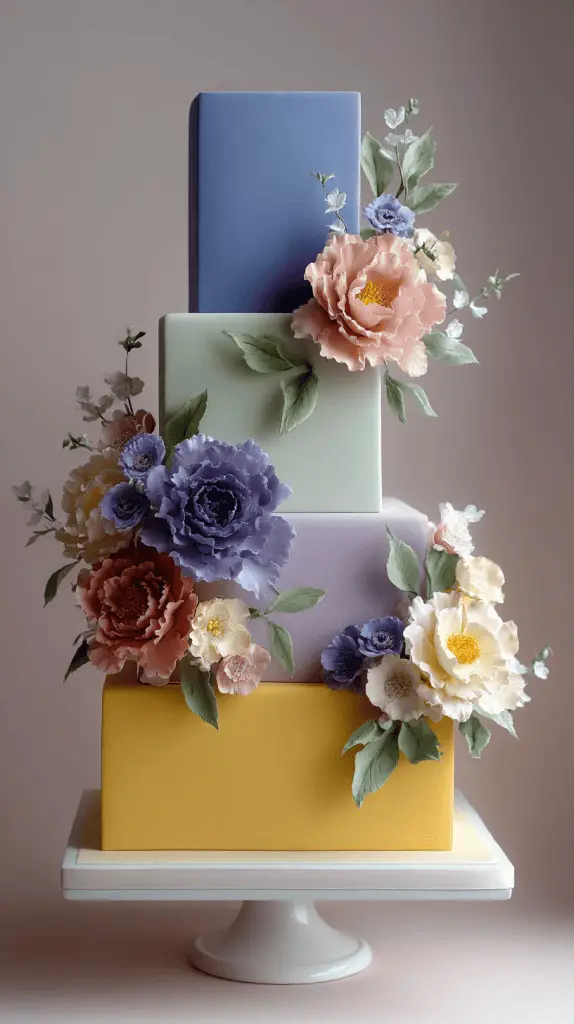 A four-tiered square cake in pastel yellow, lavender, mint green, and blue, decorated with realistic sugar flowers and green leaves—an elegant showcase of 2026 wedding cake trends—displayed on a white cake stand against a neutral background.