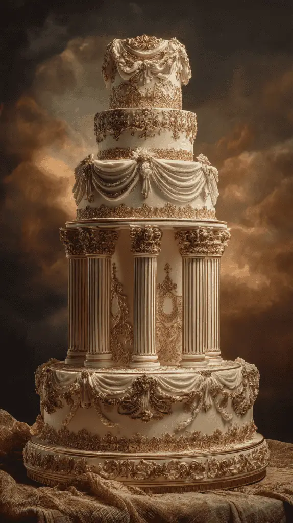 A lavish, multi-tiered wedding cake decorated with gold ornate patterns, columns, and draped icing, resembling an elegant palace or grand ballroom—showcasing Wedding Cake Trends 2026 against a dramatic, dark, cloudy background.