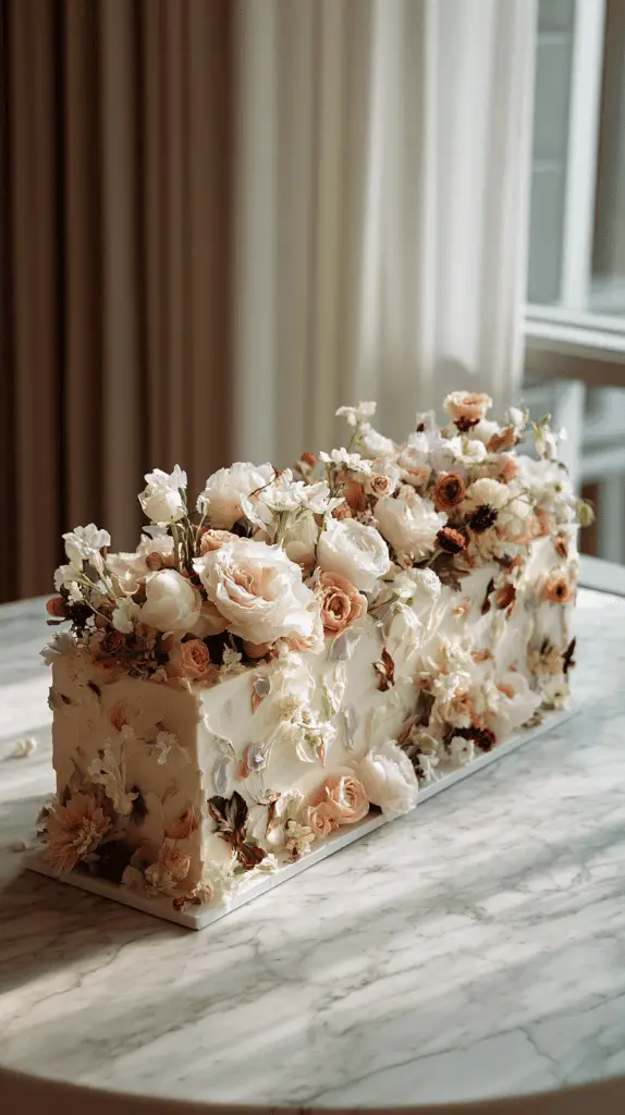 A rectangular wedding cake covered in white frosting and decorated with an abundance of pastel-colored flowers, including roses and other blooms, showcases elegant Wedding Cake Designs as it sits on a marble table in soft natural light.