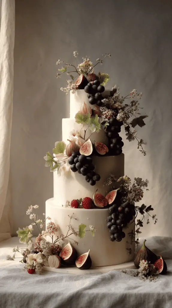 A three-tiered white wedding cake decorated with fresh figs, grapes, raspberries, and assorted flowers showcases one of the elegant wedding cake designs predicted to shine in Wedding Cake Trends 2026. Displayed on a light-colored tablecloth with a softly lit fabric backdrop.