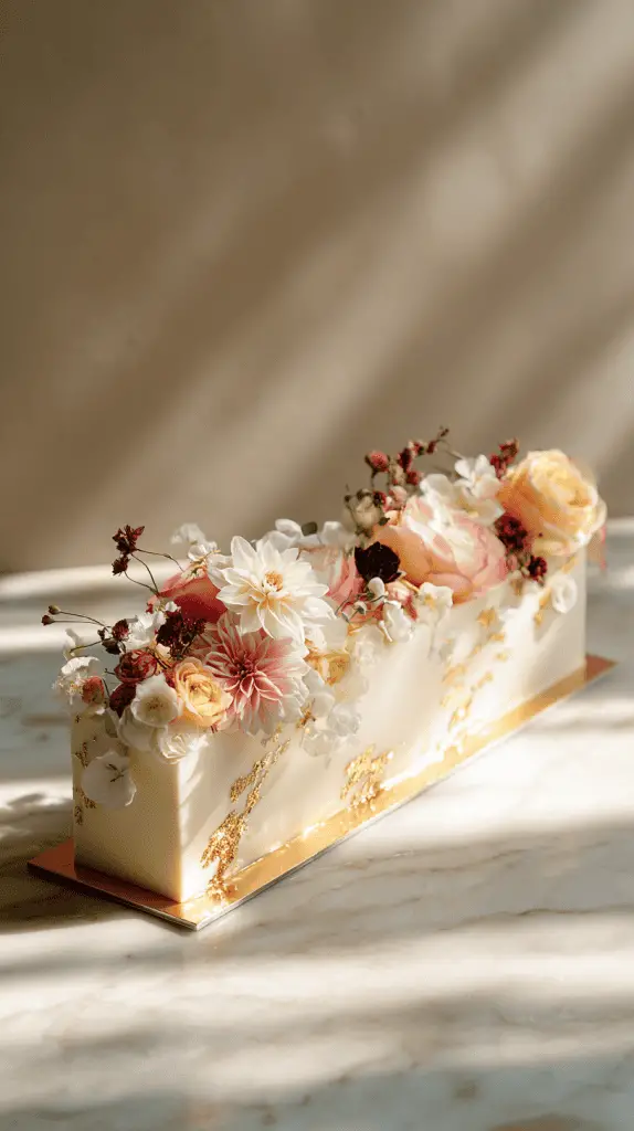 A rectangular wedding cake decorated with gold accents and topped with fresh flowers in pink, white, and peach, displayed on a marble surface in soft natural light—an elegant choice inspired by Wedding Cake Trends 2026.