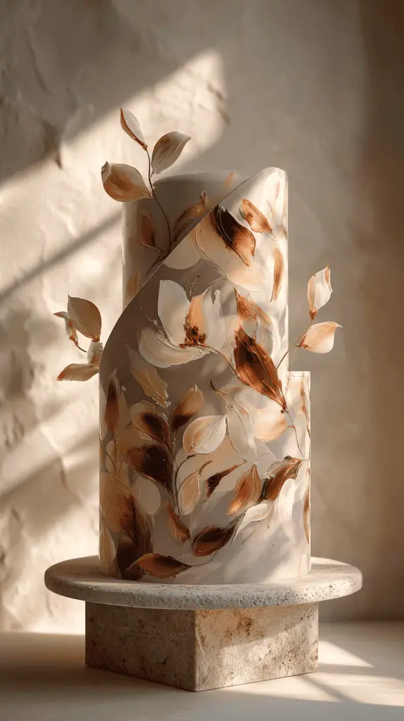 A tall, two-tiered cake with a dusty purple base, decorated with hand-painted cream and brown floral designs and sculpted leaves, showcases one of the top wedding cake designs for 2026 as it sits on a round stone pedestal in soft, natural light.