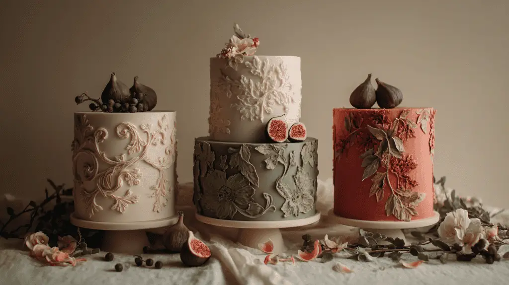 Three ornate, tiered cakes on stands, decorated with detailed floral icing and topped with figs and grapes. Showcasing the latest Wedding Cake Trends 2026, each features unique colors—cream, green, coral—with petals and flowers on white cloth.