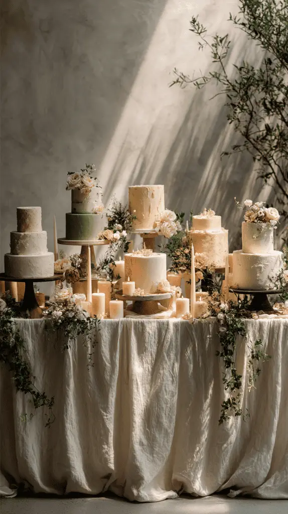 A table covered with a draped white cloth holds multiple tiered cakes in pastel colors, showcasing elegant wedding cake designs decorated with flowers and greenery, surrounded by lit candles, with sunlight streaming onto the stylish display.