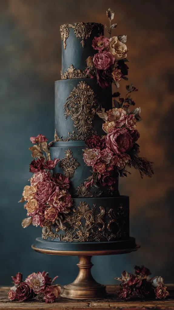 A tall, elegant, three-tiered cake with dark navy fondant, ornate gold detailing, and realistic flowers in pink, burgundy, and peach sits on a bronze stand—a stunning showcase of 2026 wedding cake trends.