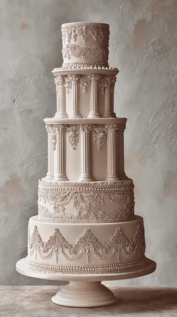 A tall, elegant tiered cake adorned with intricate icing patterns and delicate piping, inspired by classical columns and vintage lace—a stunning example of wedding cake designs set against a neutral textured background.