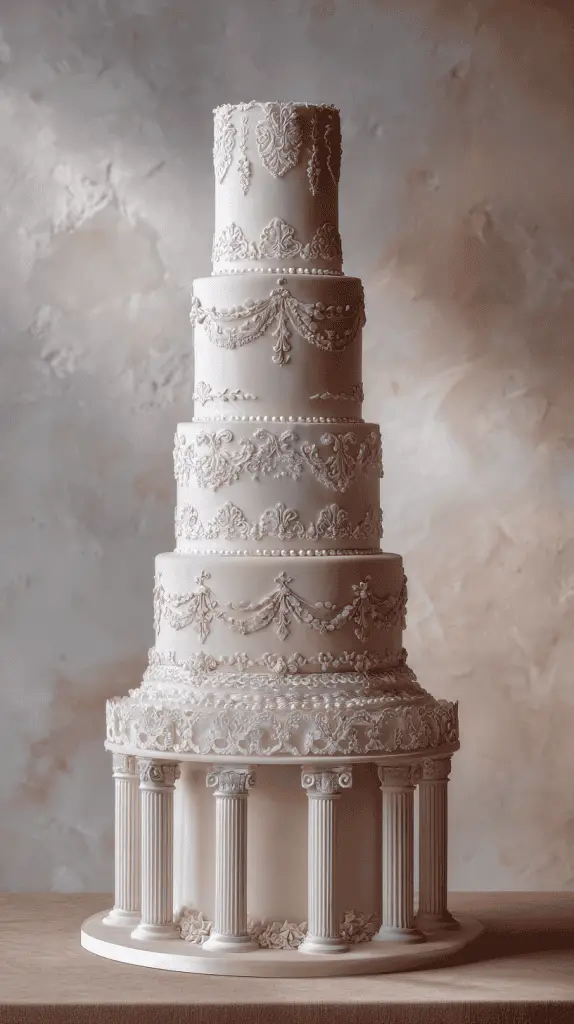 A tall, ornate five-tiered wedding cake decorated with intricate icing patterns and garlands, with the bottom tier resembling classical columns—an elegant, architectural masterpiece inspired by Wedding Cake Trends 2026.