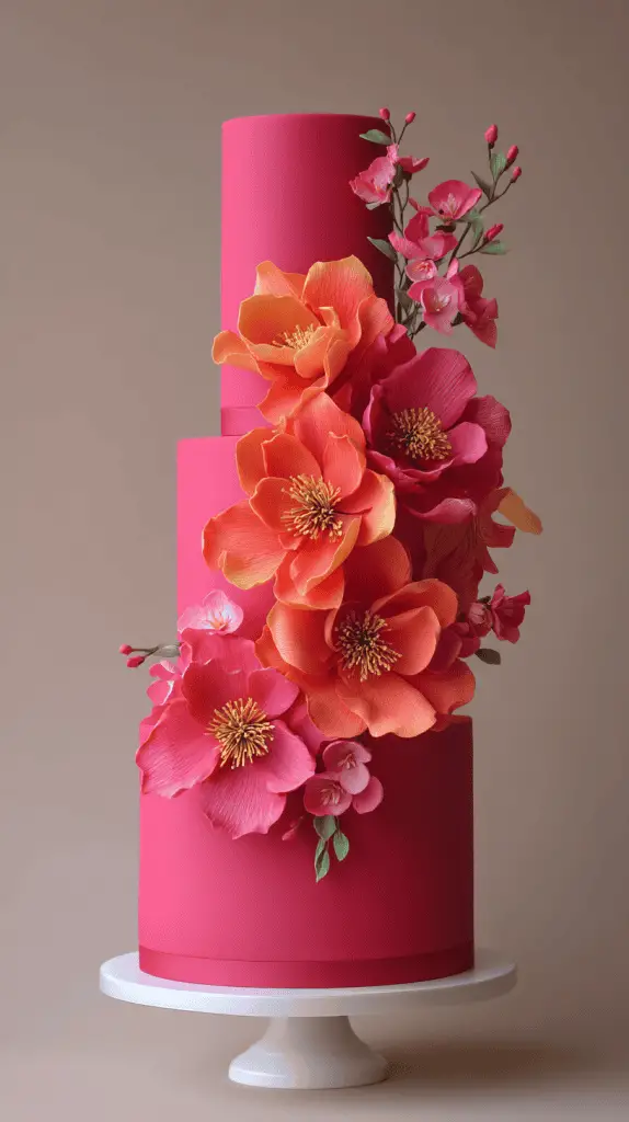 A three-tiered, bright pink cake adorned with large, realistic sugar flowers in orange and pink—a stunning example of 2026 wedding cake designs—displayed on a white cake stand against a neutral background.