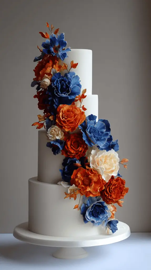 A three-tiered white cake, showcasing Wedding Cake Designs with cascading, realistic blue, orange, and cream sugar flowers, is displayed on a white cake stand against a plain gray background.