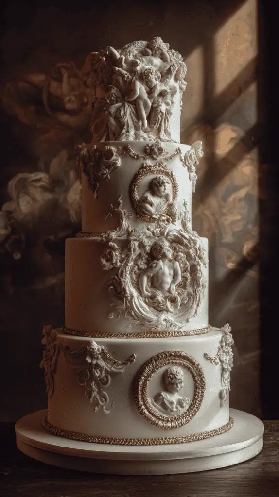 A three-tiered cake decorated with intricate, sculpted white fondant featuring cherubs and ornate frames, this elegant creation embodies upcoming Wedding Cake Trends 2026, set against a dimly lit, classical background with warm light casting soft shadows.