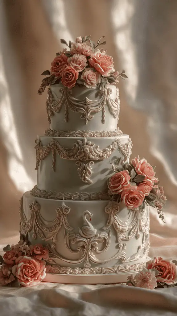 A three-tiered pastel green cake decorated with ornate white icing, pink and peach roses, and a swan design, set against a softly lit, neutral background—perfect for those seeking unique wedding cake designs inspired by Wedding Cake Trends 2026.
