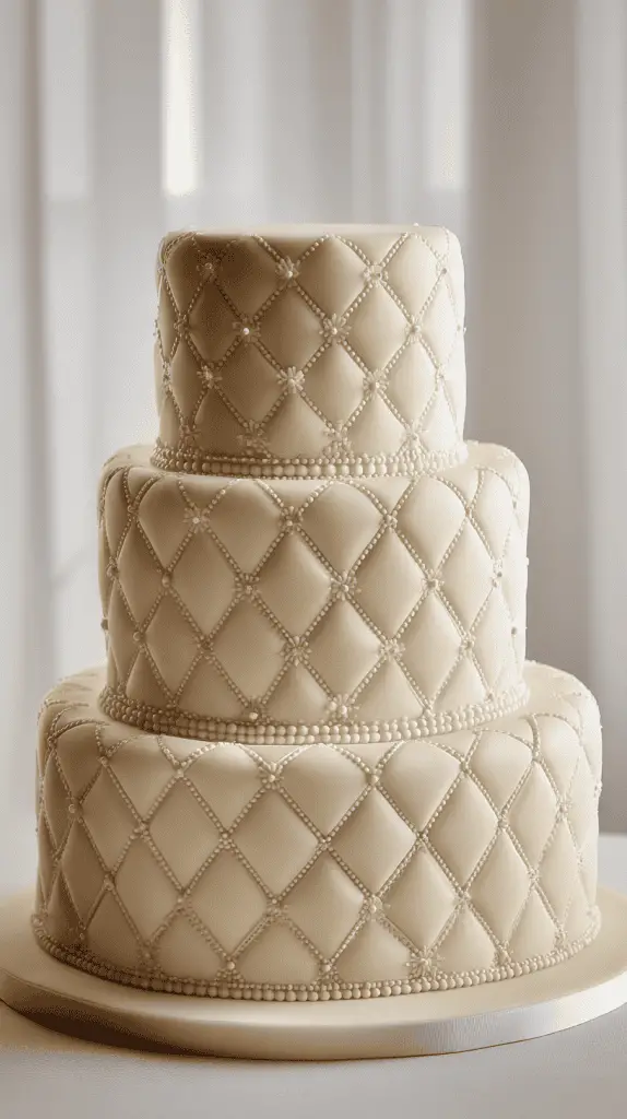 A three-tiered white wedding cake decorated with a quilted diamond pattern and small pearl-like accents sits on a round white base in front of softly lit curtains, showcasing elegant wedding cake designs.
