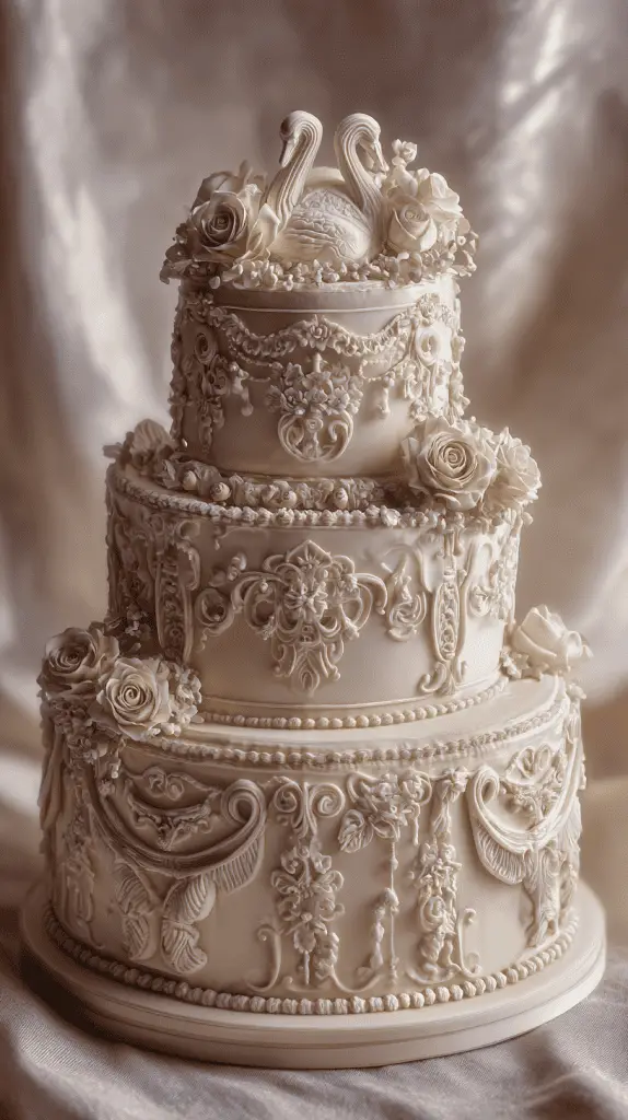 A three-tiered ornate white wedding cake decorated with intricate icing patterns, delicate roses, and two swan toppers, reflecting elegant 2026 wedding cake trends against a soft, sophisticated fabric background.