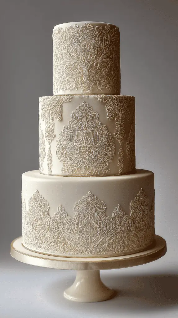 A three-tiered ivory wedding cake decorated with intricate, ornate piped lace designs showcases the elegance of Wedding Cake Trends 2026, displayed on a simple white cake stand against a neutral background.