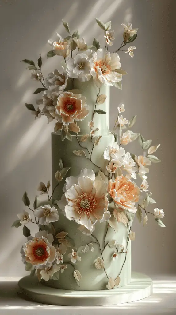 A three-tiered pastel green cake decorated with realistic, delicate peach and white sugar flowers and green leaves, arranged elegantly around each tier—an exquisite showcase of Wedding Cake Trends 2026.