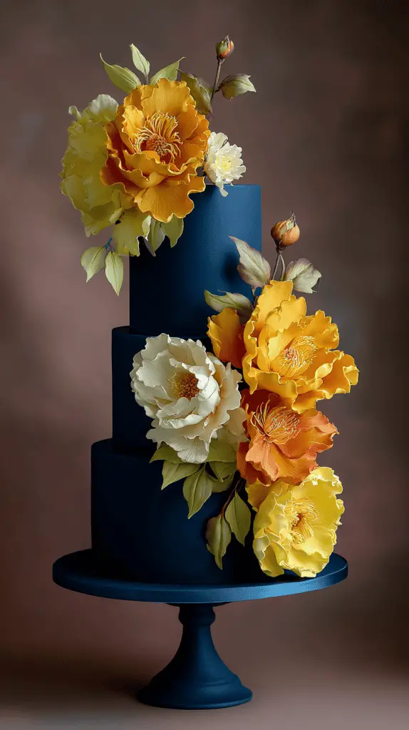 A three-tiered navy blue cake on a stand, decorated with large, realistic yellow, orange, and white sugar flowers and green leaves—an elegant example of 2026 wedding cake trends—set against a blurred brown background.