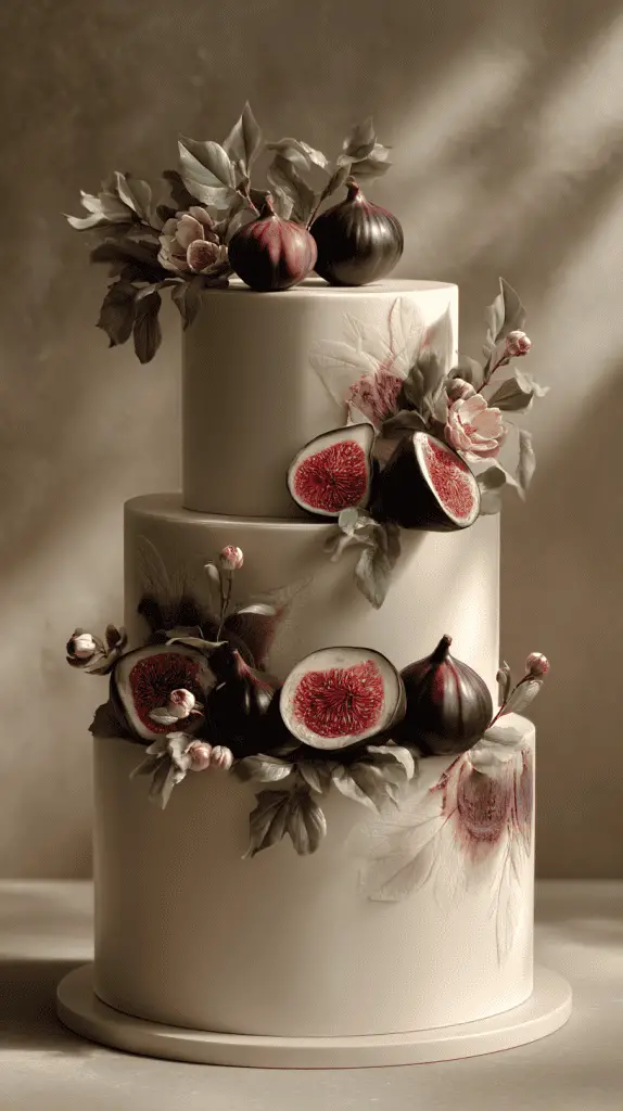 A two-tiered elegant wedding cake, inspired by Wedding Cake Trends 2026, decorated with figs, fig halves, green leaves, and delicate flower accents, set against a soft brown background with gentle lighting.