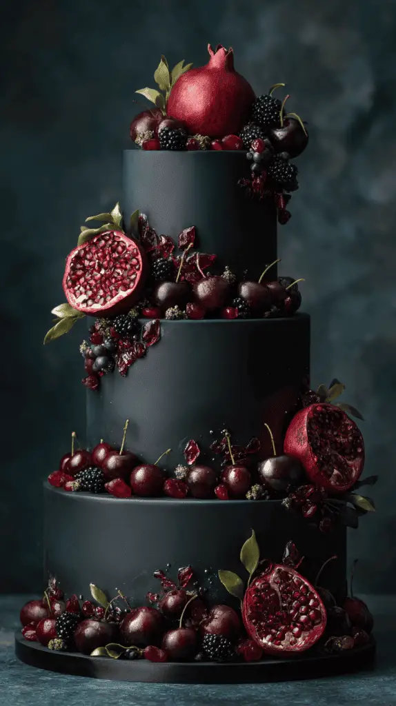 A three-tiered dark wedding cake decorated with pomegranates, blackberries, cherries, and grapes showcases bold Wedding Cake Designs, with whole and halved pomegranates atop each tier against a dark, moody background.