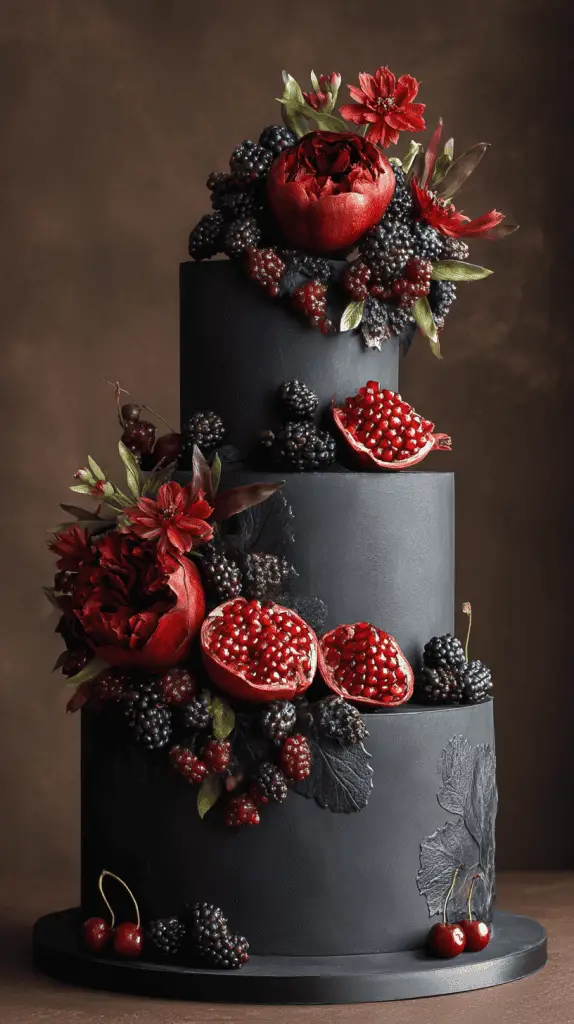 A three-tiered matte black wedding cake decorated with pomegranates, cherries, blackberries, deep red flowers, and dark green leaves—an elegant display that exemplifies bold Wedding Cake Designs.