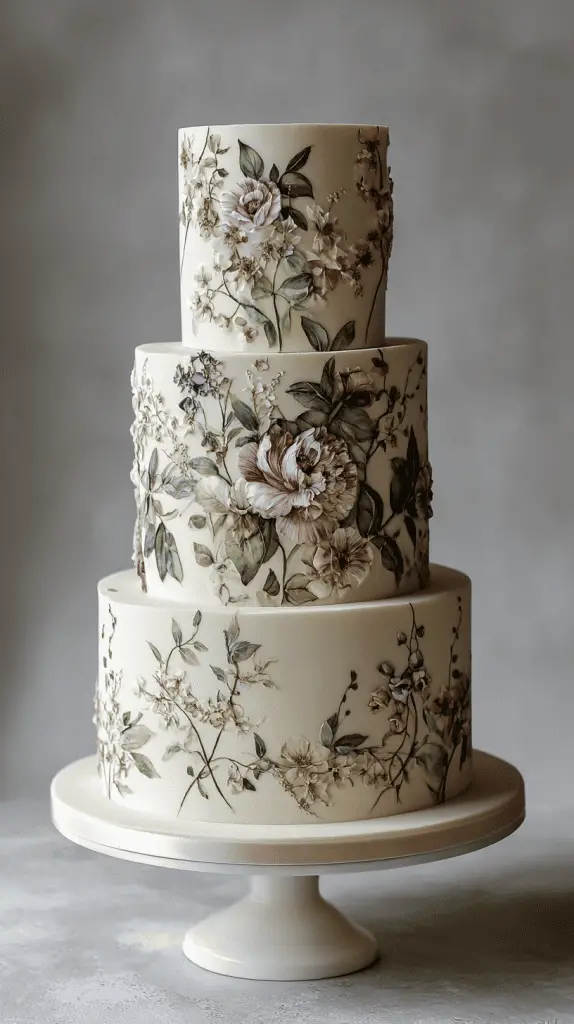 A three-tiered cake decorated with realistic, hand-painted floral designs in shades of pink, green, and ivory—a stunning example of Wedding Cake Designs and a reflection of Wedding Cake Trends 2026—displayed on a white cake stand against a neutral background.