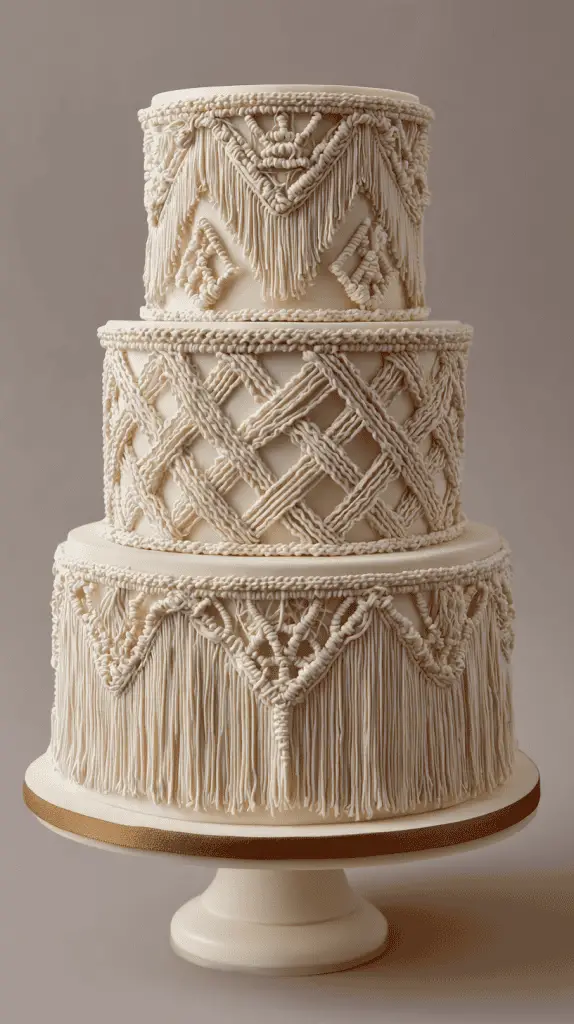 A three-tiered cake decorated with intricate, cream-colored piped icing resembling macramé patterns and fringe, displayed on a white cake stand with a gold rim—an elegant nod to Wedding Cake Trends 2026.