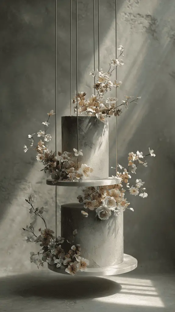 A two-tiered wedding cake is suspended on platforms, adorned with delicate pastel-colored edible flowers. Soft sunlight streams in, casting gentle shadows on the textured gray background—an elegant showcase of Wedding Cake Designs.