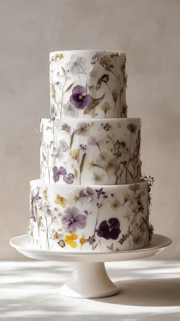 A three-tiered white cake adorned with pressed edible flowers in shades of purple, yellow, and pink showcases one of the Wedding Cake Trends 2026, elegantly displayed on a white cake stand against a neutral background.