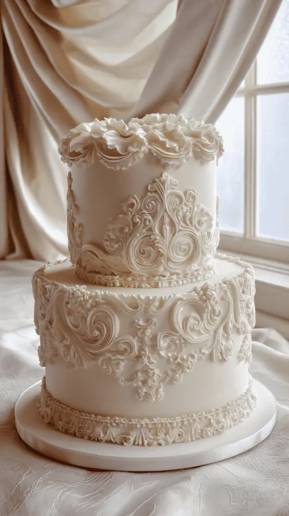 A two-tiered white wedding cake decorated with intricate, ornate piped icing designs sits on a white table in front of a window with sheer drapes, perfectly capturing the elegance of modern wedding cake designs and Wedding Cake Trends 2026.