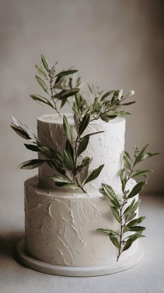A two-tiered white cake with textured frosting, accented by green leaves, sits on a round white platter—a beautiful example of elegant wedding cake designs inspired by Wedding Cake Trends 2026.
