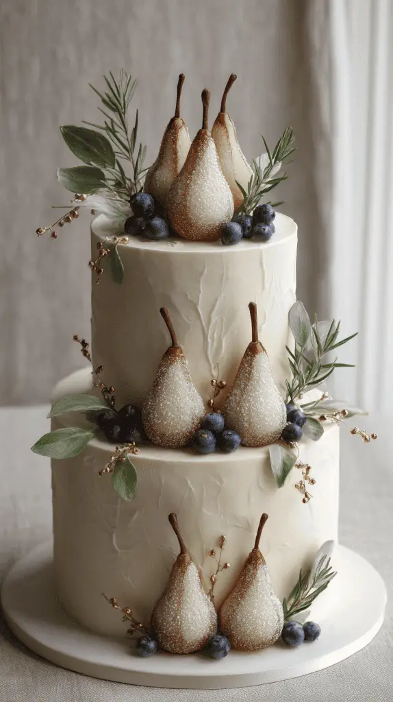 Two-tiered white cake decorated with sugared pears, blueberries, green leaves, rosemary sprigs, and gold accents—an elegant showcase of 2026 wedding cake trends set against a neutral background.