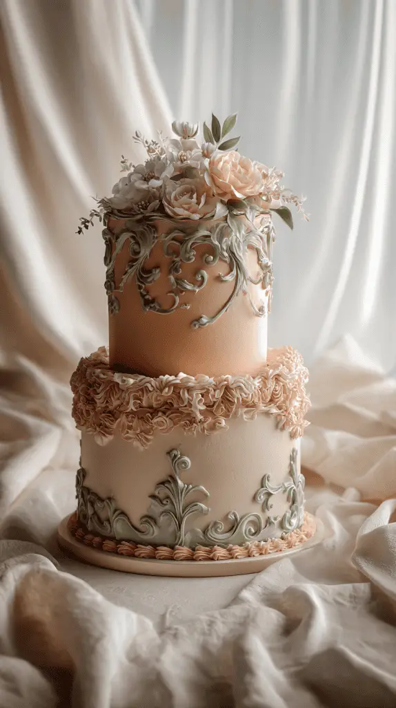 A two-tiered cake decorated with intricate green icing patterns, peach-colored piping, and topped with realistic peach and white sugar flowers showcases one of the elegant Wedding Cake Designs predicted to shine in 2026.