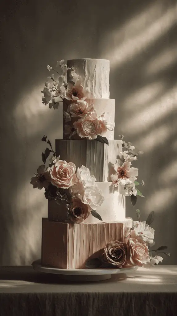 A tall, elegant, five-tiered cake decorated with pastel icing and adorned with realistic sugar flowers, including roses and peonies, showcases one of the top Wedding Cake Trends 2026 in soft, natural light.