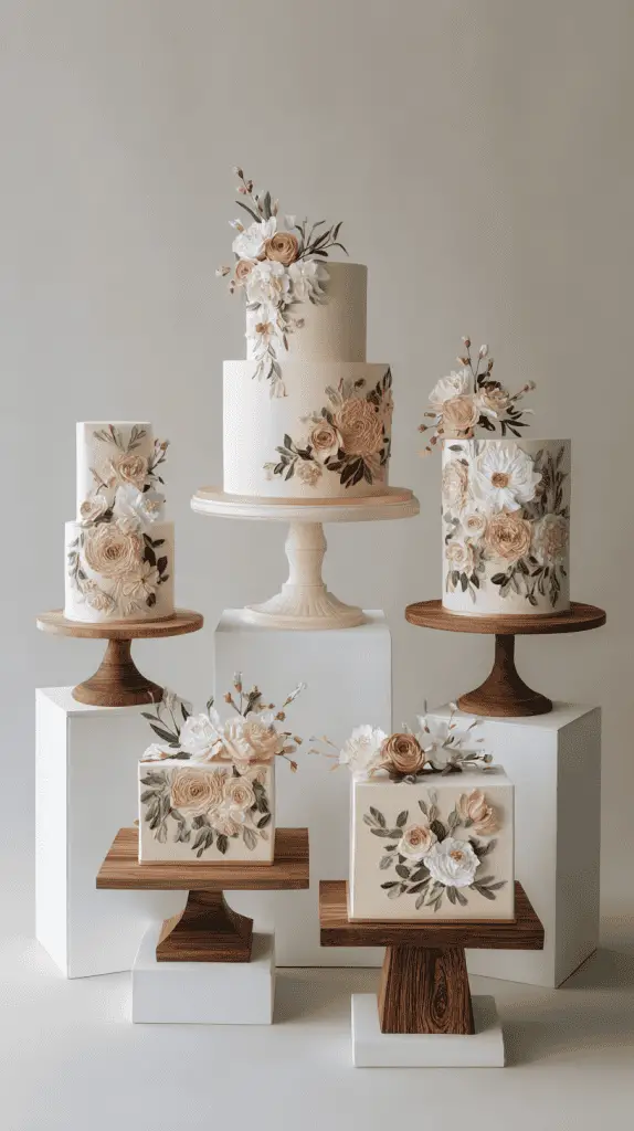 A display of six elegant wedding cakes decorated with intricate, pastel-colored floral designs, arranged on various wooden and white stands, showcasing inspiring wedding cake designs against a neutral background.