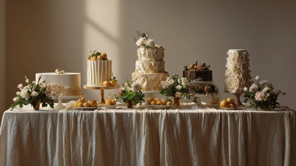 An elegant dessert table displays five decorated wedding cakes, fresh flowers, and bowls of peaches and lemons on a cream-colored cloth, bathed in soft natural light—perfect inspiration for Wedding Cake Trends 2026.