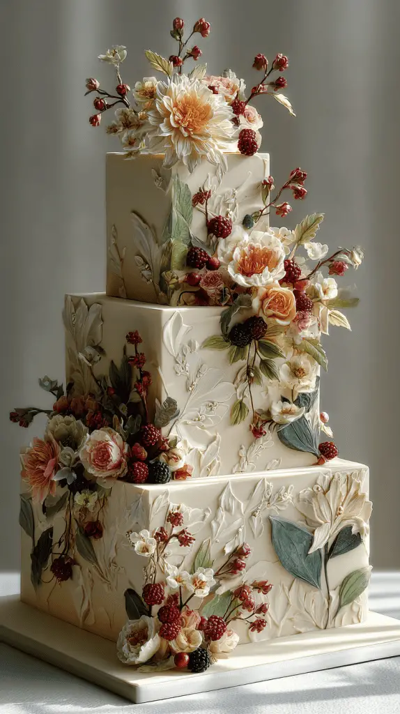 A three-tiered square wedding cake decorated with intricate floral designs, realistic sugar flowers, and berries in soft pastel colors, embodying elegance and artistry in line with the latest Wedding Cake Trends 2026.