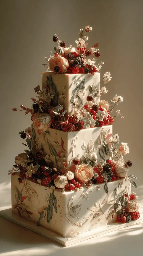 A three-tiered square wedding cake, showcasing intricate floral designs, fresh roses, berries, and greenery, is displayed against a soft, neutral background—perfect inspiration for Wedding Cake Trends 2026.