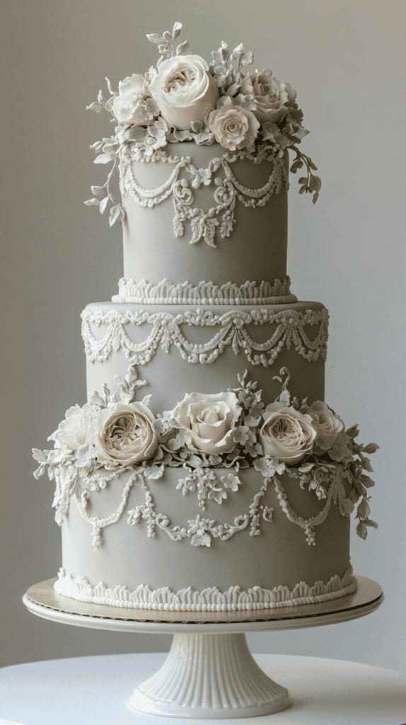 Refined sage green and ivory wedding cake featuring classic Lambeth piping concentrated along tier edges, with scalloped borders, shell piping, and delicate swags framing smooth buttercream surfaces.