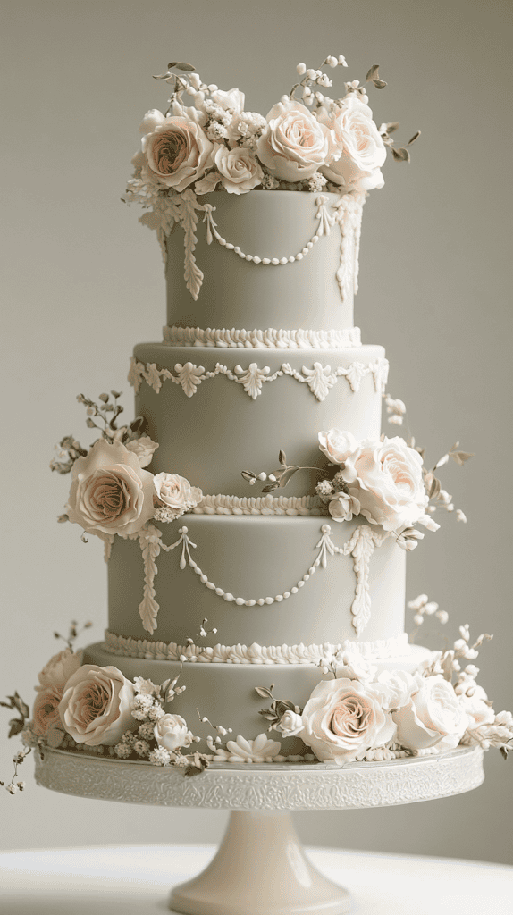 Refined sage green and ivory wedding cake featuring classic Lambeth piping concentrated along tier edges, with scalloped borders, shell piping, and delicate swags framing smooth buttercream surfaces.