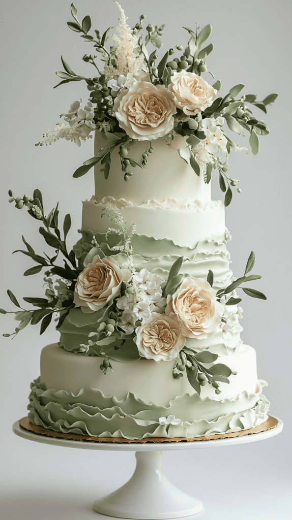 Three-tier white buttercream wedding cake with smooth flawless frosting and delicate sage green accents, featuring soft sage bands around each tier, subtle painted botanical leaves, and minimal buttercream florals.