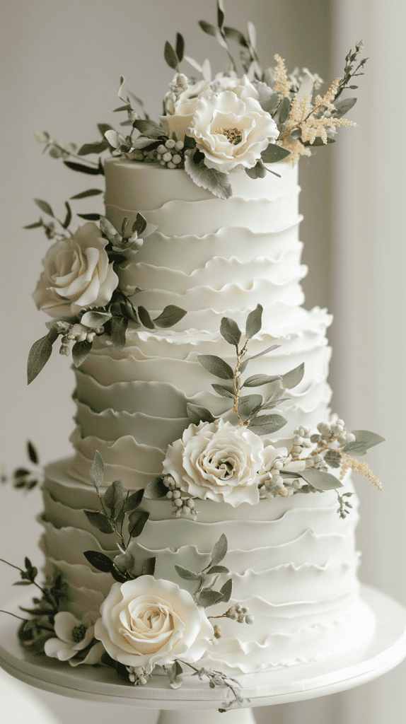 Three-tier white buttercream wedding cake with smooth flawless frosting and delicate sage green accents, featuring soft sage bands around each tier, subtle painted botanical leaves, and minimal buttercream florals.