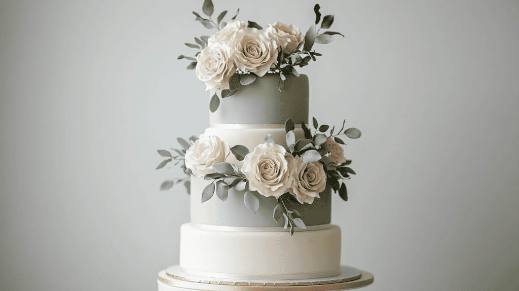 Elegant three-tier sage green and ivory wedding cake with smooth buttercream finish, soft blush and dusty rose florals cascading gently between tiers