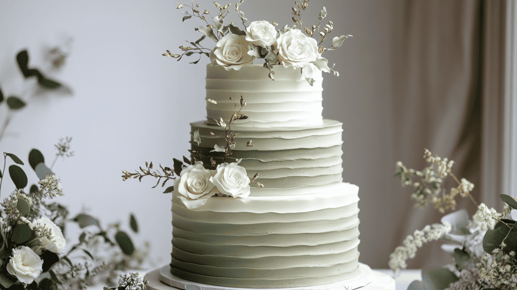 A two-tiered cake with green and white textured frosting, perfect for garden ceremony wedding cake ideas, is adorned with white roses, gold leaves, and surrounded by sprigs of greenery and small white flowers—an elegant sage green wedding cake.